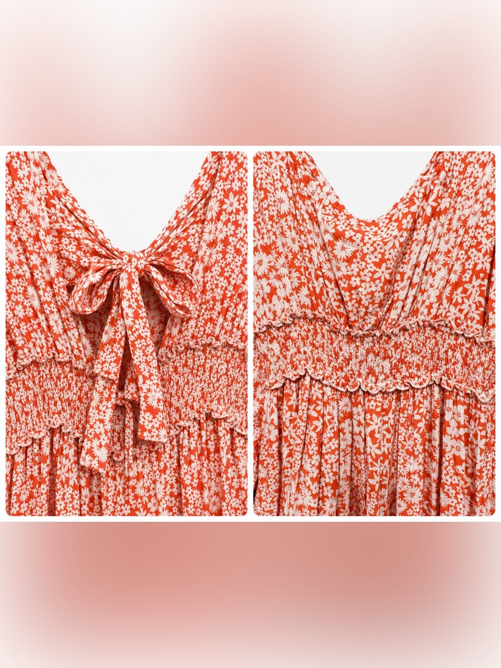 ANGIE Floral Boho Mini Dress Women’s Large Orange White Smocked Long Sleeve - Picture 5 of 6